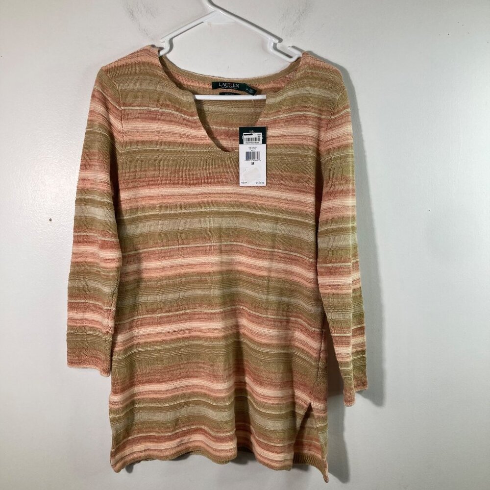 Womens Lauren Ralph Lauren Denim Striped V Neck Sweater M NWT Orange Tan‎